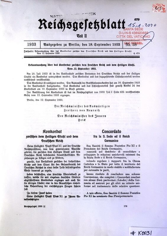 #K0031 l Konkordat zwischen dem Heiligen Stuhl und dem deutschen Reich  l Reichsgesetzblatt Teil 2