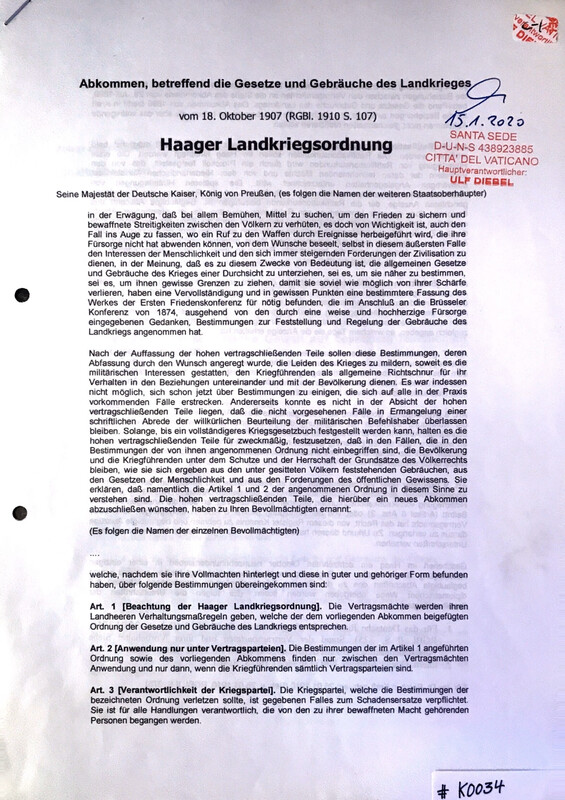 #K0034 l Haager Landkriegsordnung vom 18.Oktober 1907