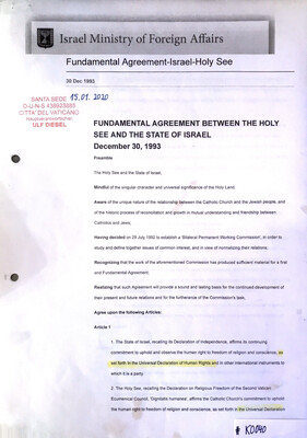 #K0040 l Israel Ministry of Foreign Affairs - Fundamental Agreement between the Holy See and the State of Israel l December 30,1993