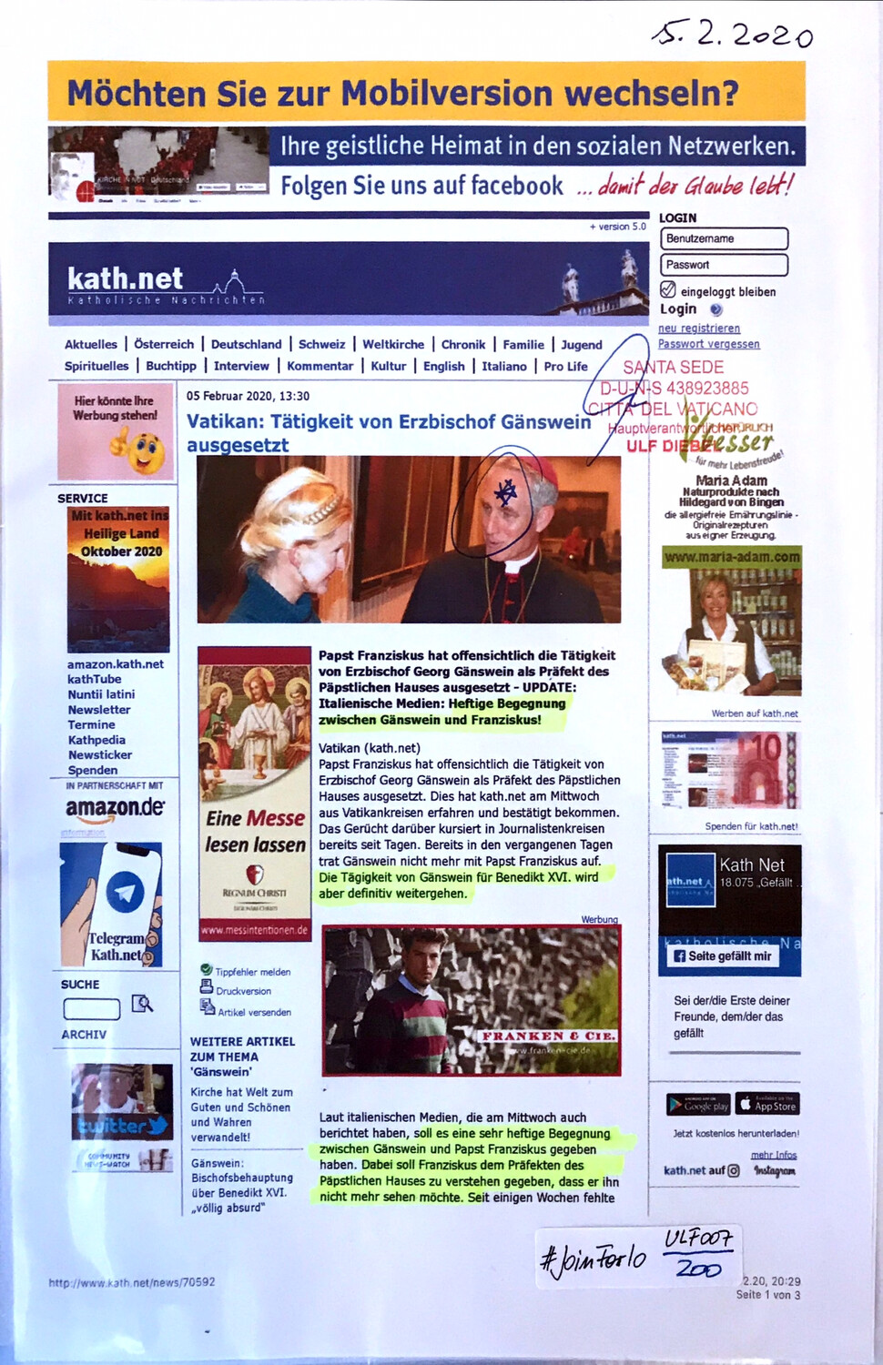 #U007 l kath.net - “Vatikan: Tätigkeit von Erzbischof Gänswein ausgesetzt”