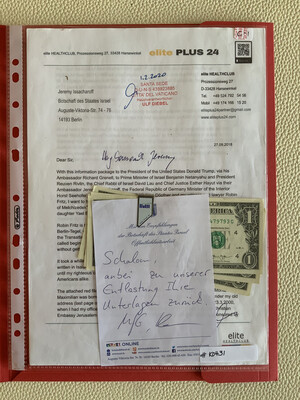 #K0431 l Beweis ISRAEL.DE Endgericht Der Apokalypse Original - Original Brief An Israel Botschafter Jeremy Issacharoff + 4 US $ In Original Message Und Israel.de Geldclip