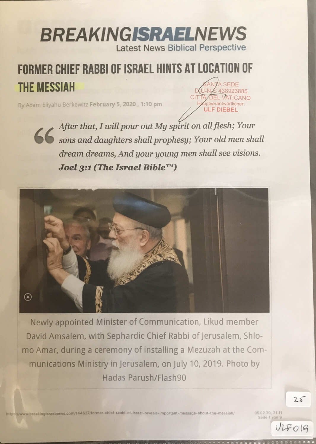#U019 l BreakingIsraelNews - Former Chief Rabbi of Israel hints at location of the Messiah