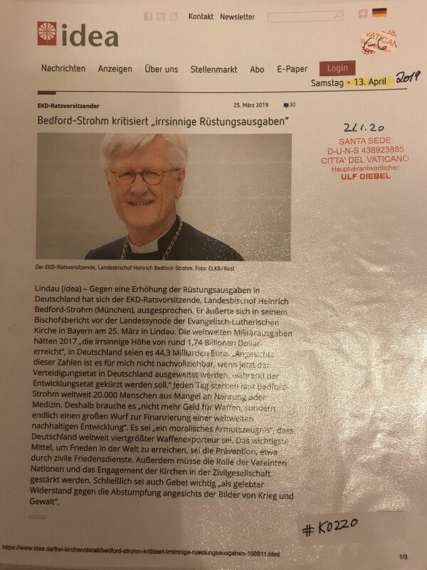 #K0220 l EKD-Ratsvorsitzender - Bedford-Strohm kritisiert “irrsinnige Rüstungsausgaben”