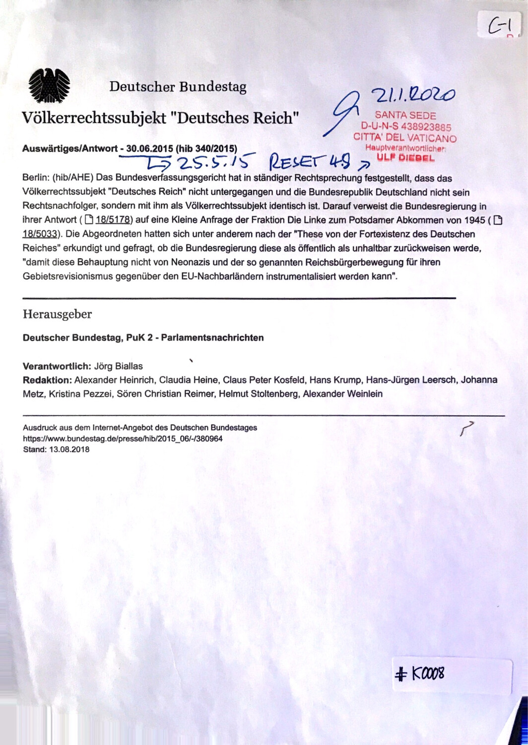 #K0008 l Völkerrechtssubjekt “Deutsches Reich” - Deutscher Bundestag 2015