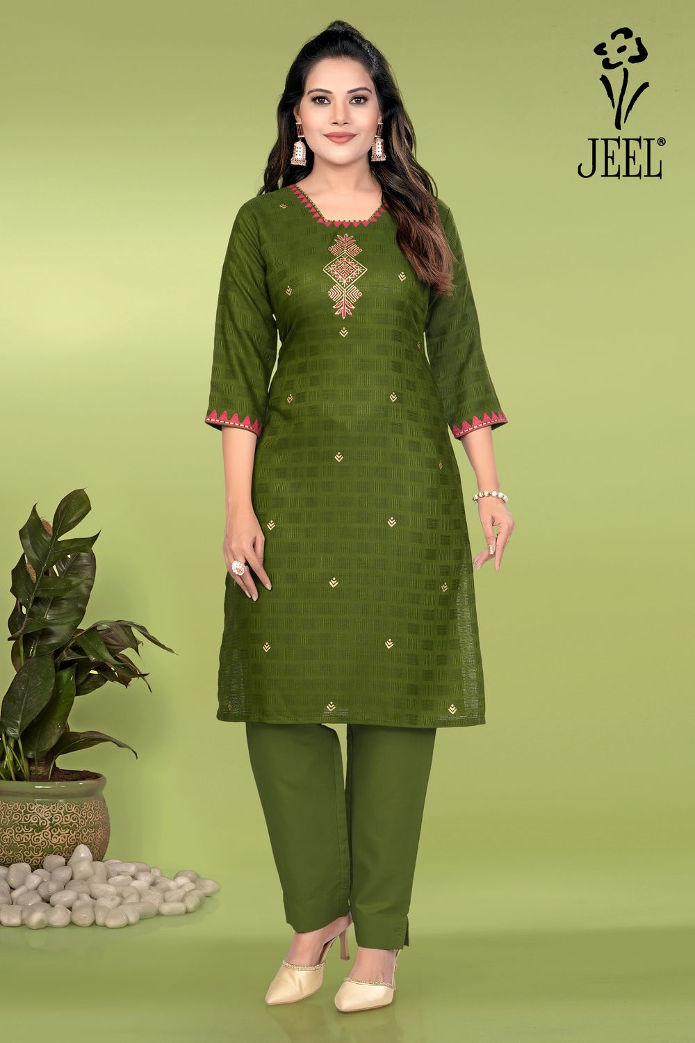 JEEL Kurti &amp; Pant Set - Mehendi Green