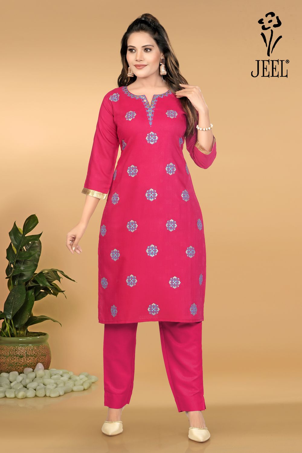 JEEL Kurti &amp; Pant Set - Dark Pink