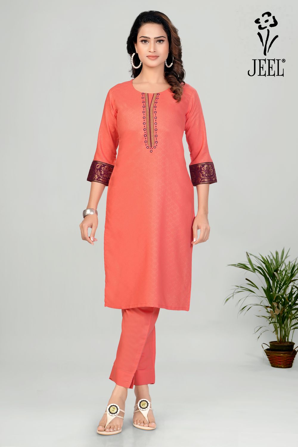 JEEL Kurti &amp; Pant Set - Peach