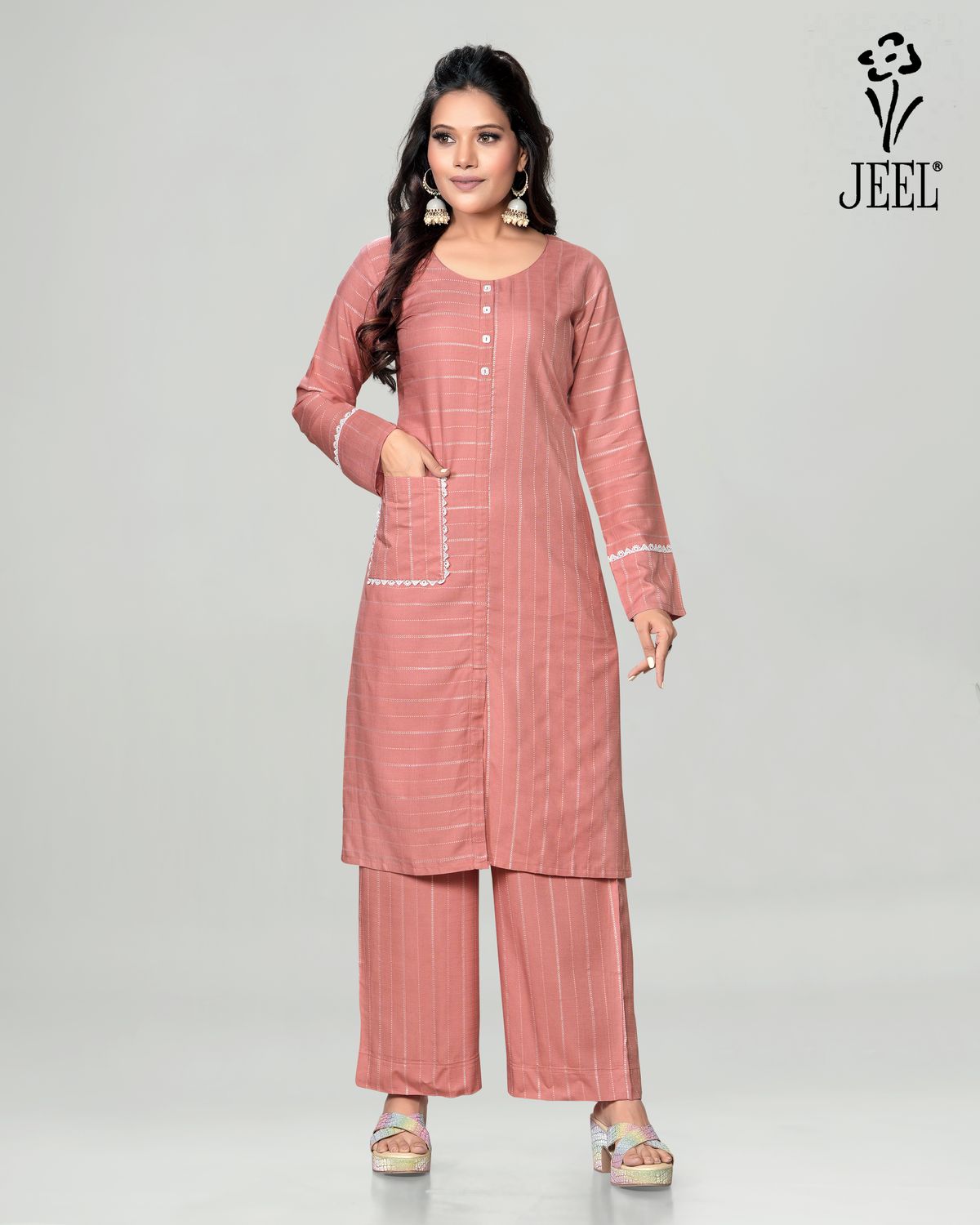 JEEL Kurti &amp; Plazo Set - Peach