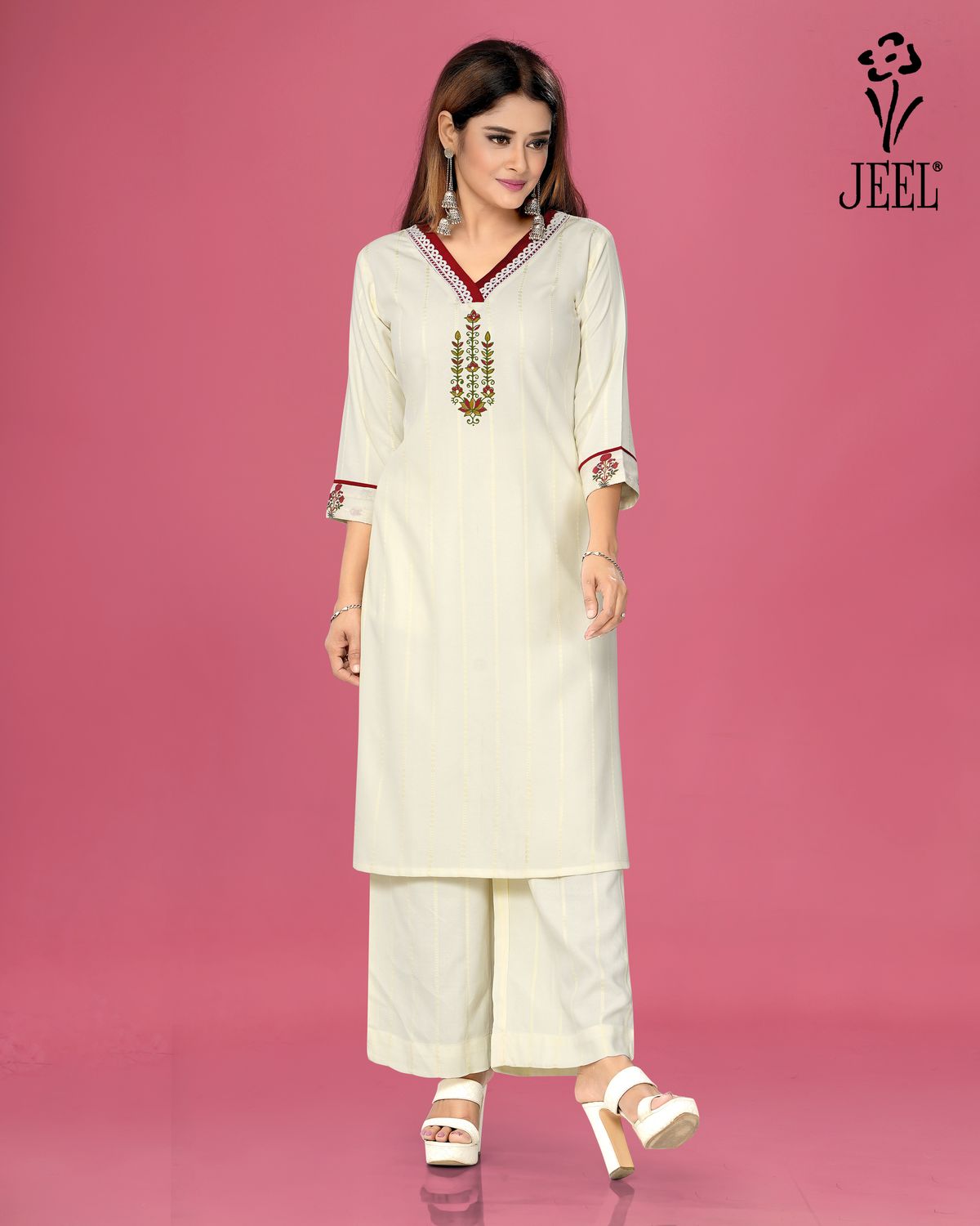 JEEL Kurti &amp; Plazo Set - Eggshell White