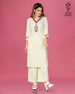 JEEL Kurti &amp; Plazo Set - Eggshell White