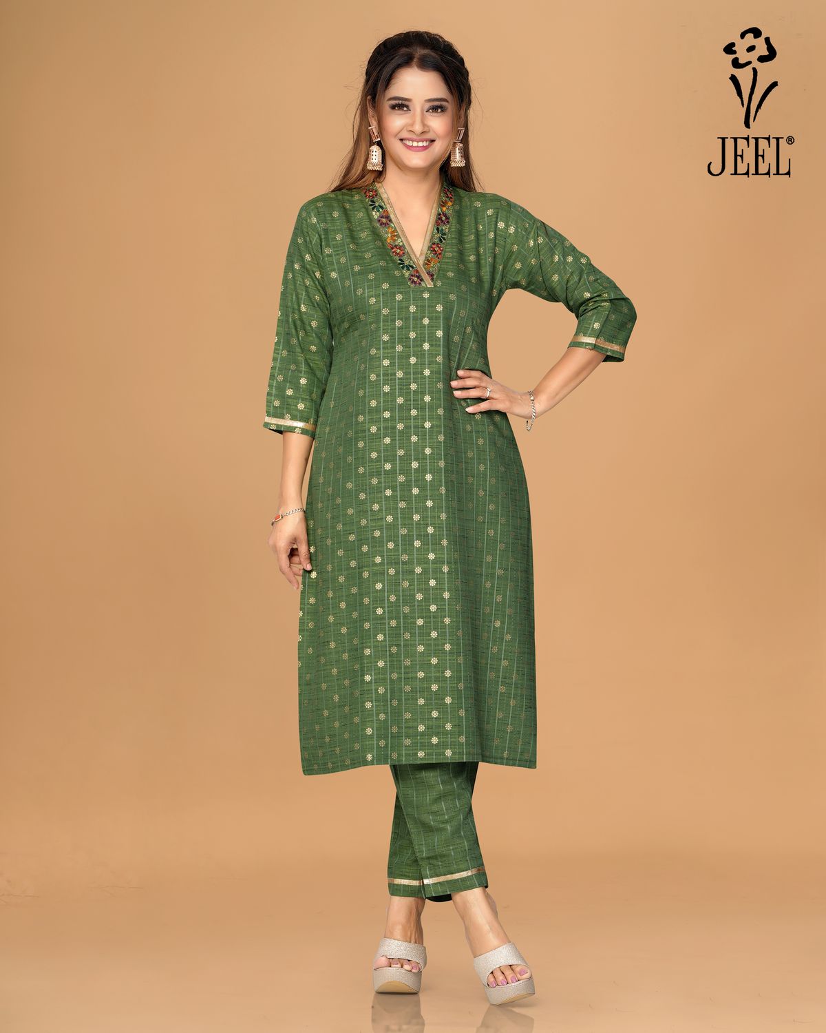 JEEL Kurti &amp; Pant Set - Moss Green