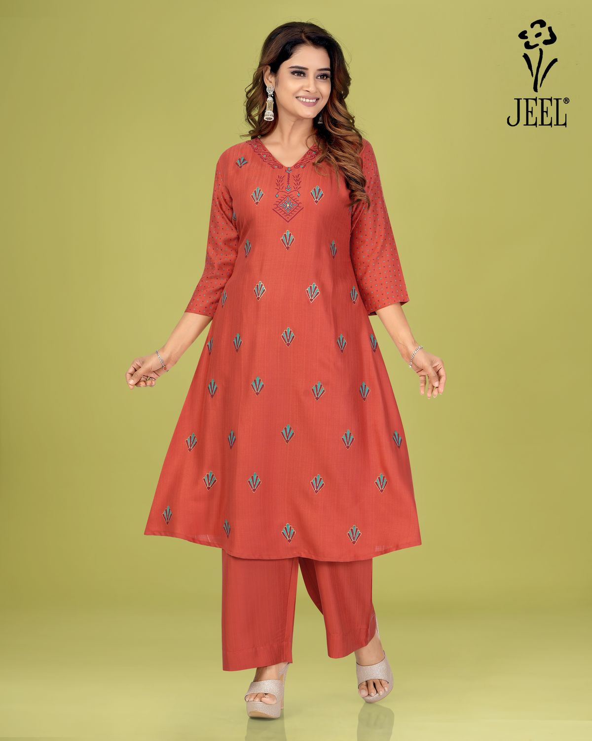 JEEL Kurti &amp; Plazo Set - Rust Orange