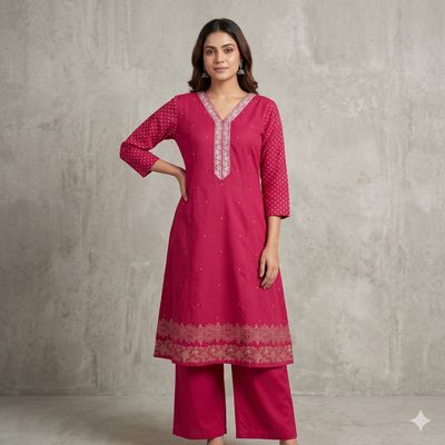 JEEL Kurti &amp; Plazo Set - Ruby Pink 