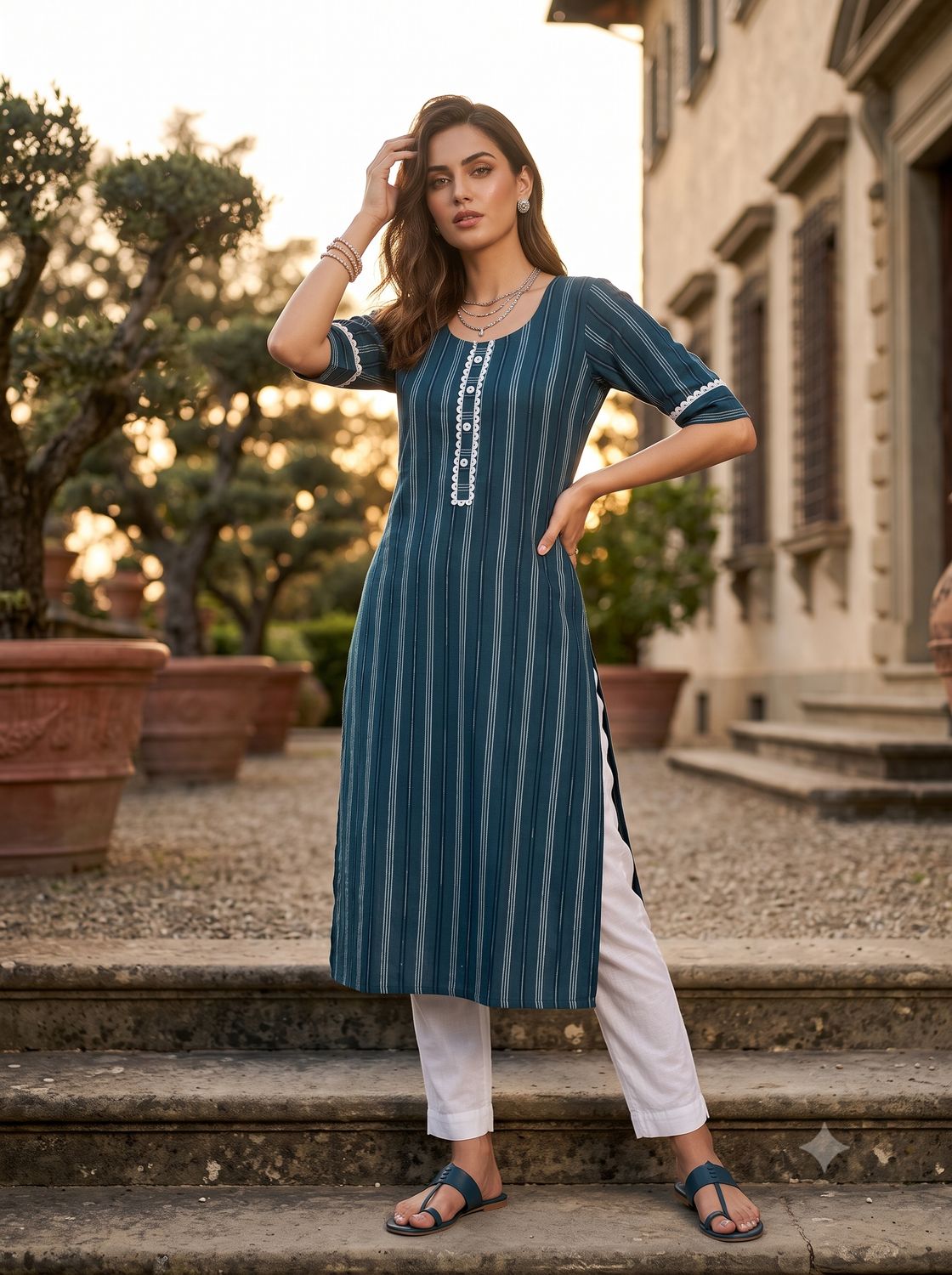 JEEL Kurti &amp; Pant Set - Navy Blue