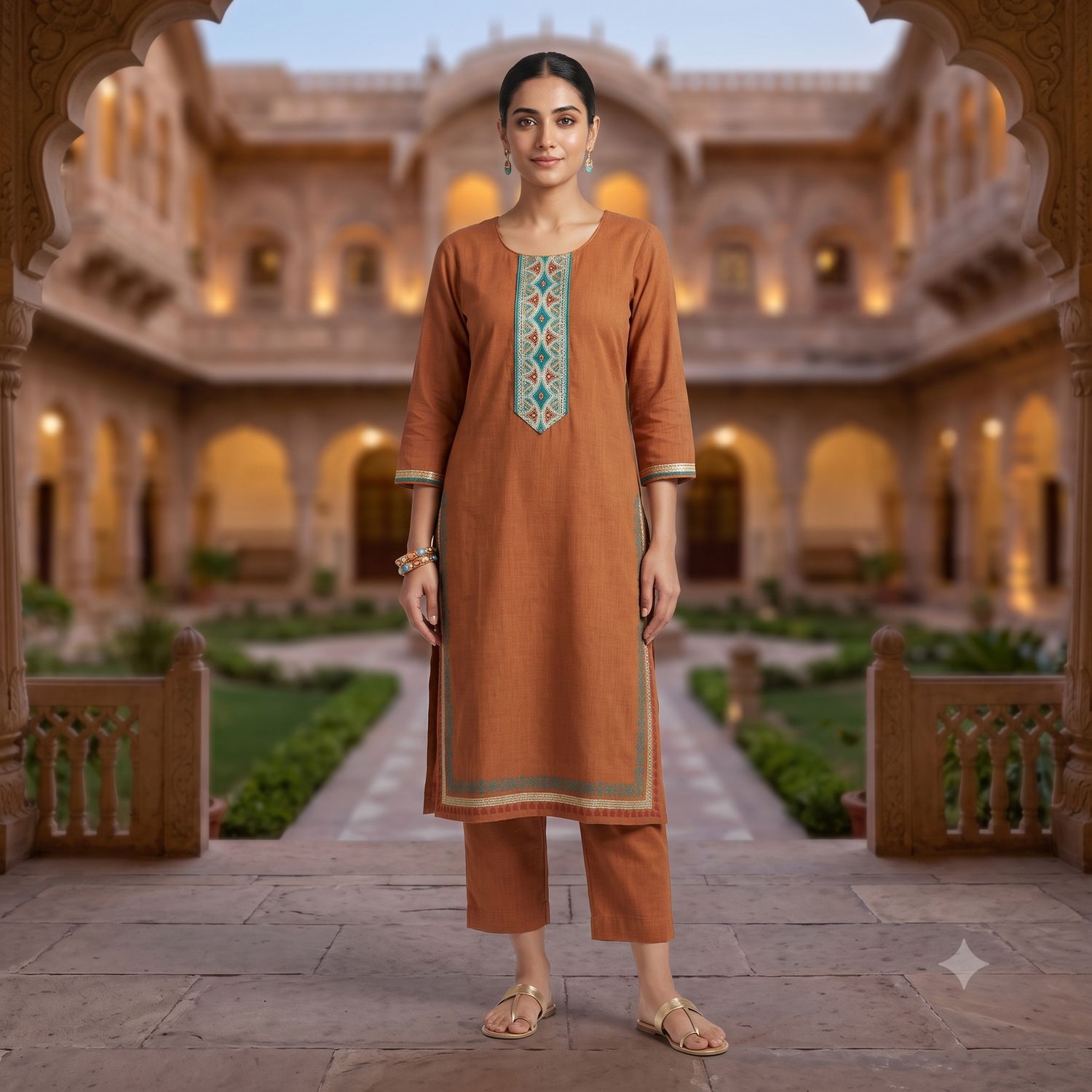 JEEL Kurti &amp; Pant Set - Clay Orange