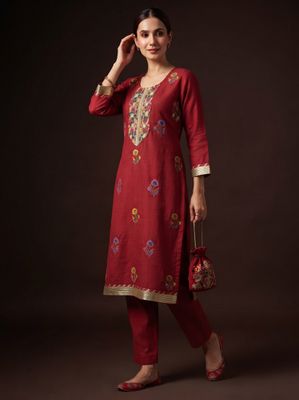 JEEL Kurti &amp; Pant Set - Hibiscus Red