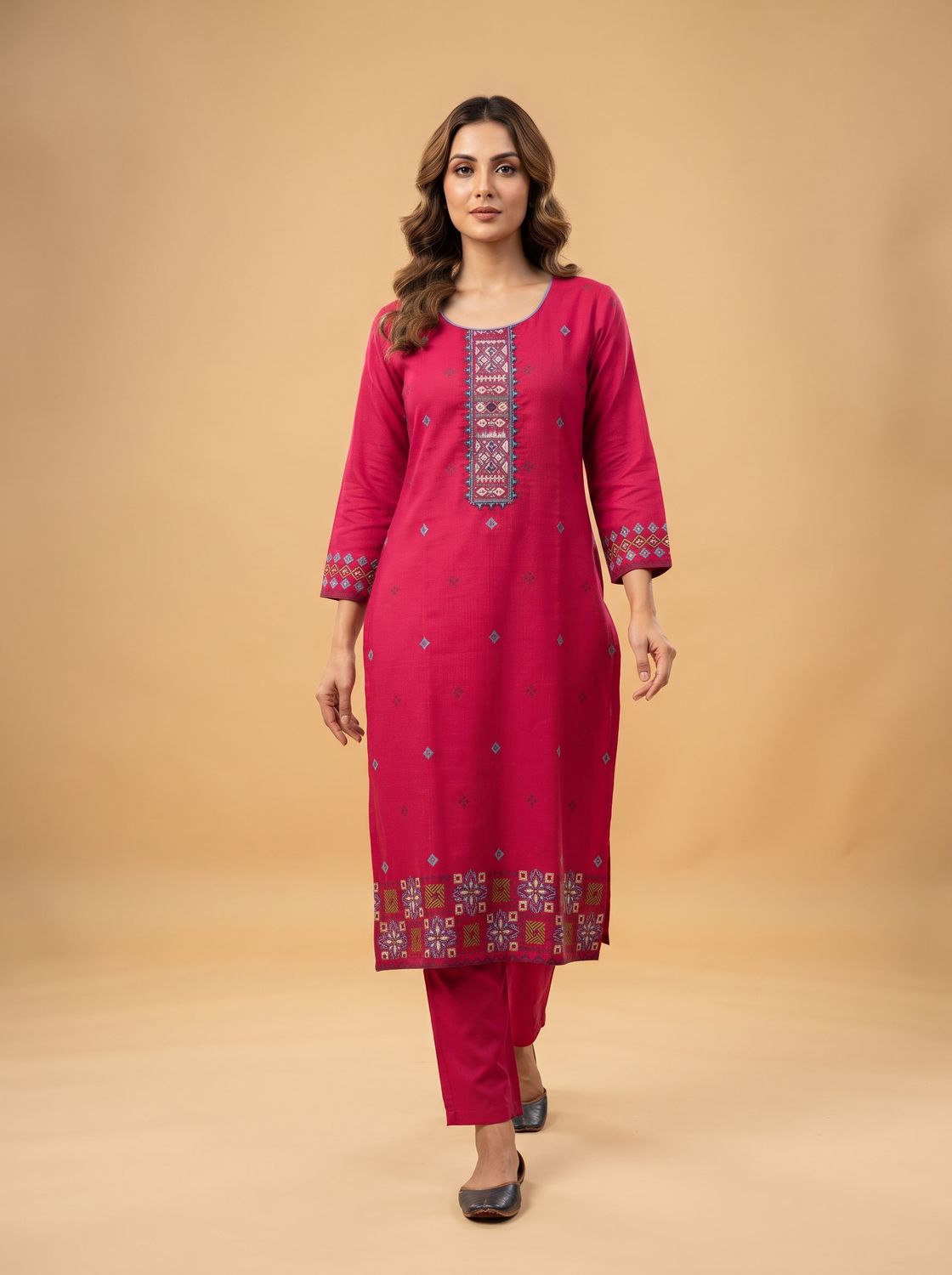 JEEL Kurti &amp; Pant Set - Royal Pink (Mirror Embroidery)