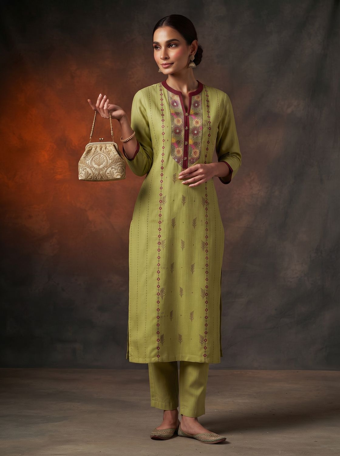 JEEL Kurti &amp; Pant Set - Parrot Green (Collar)