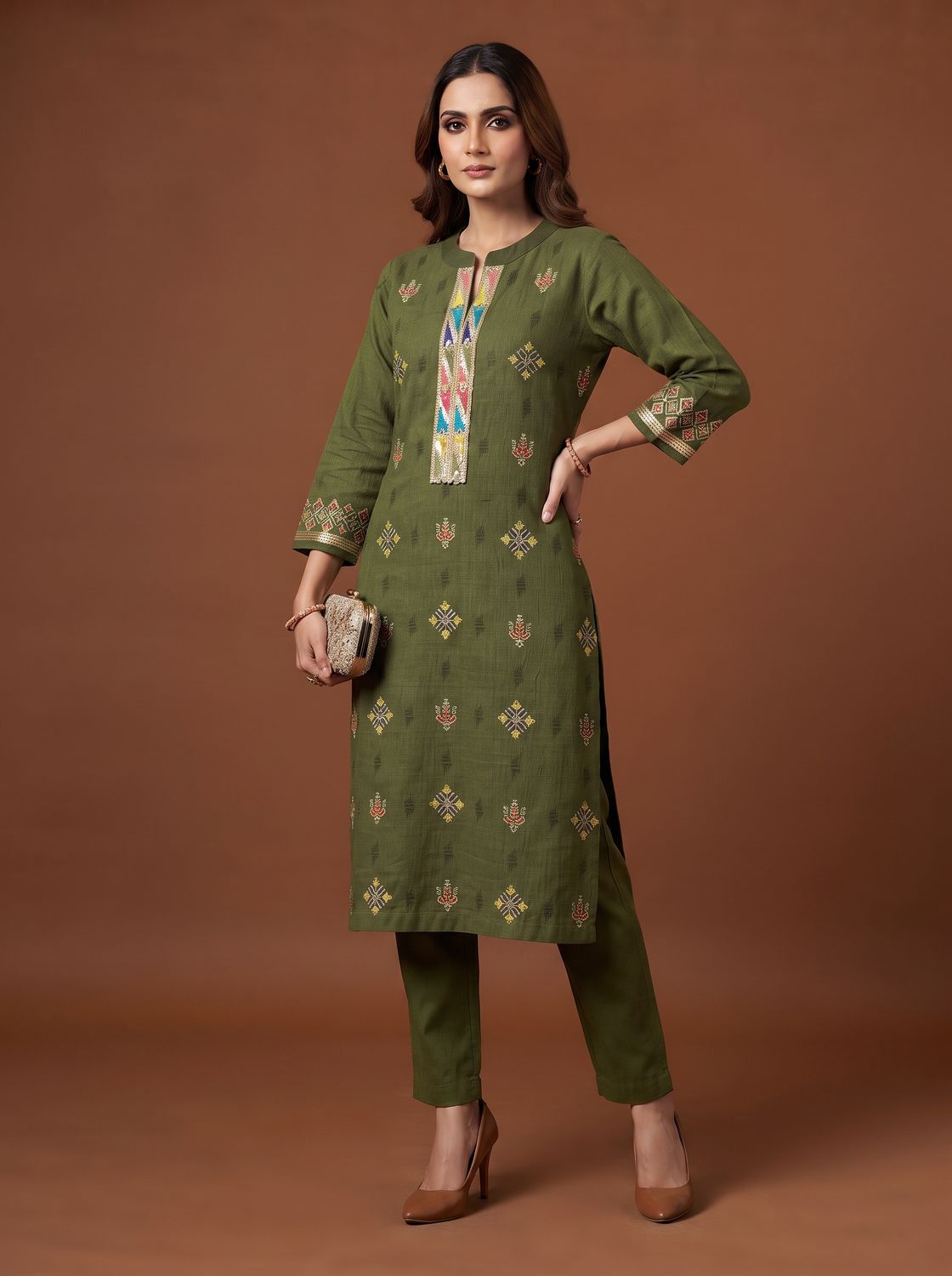 JEEL Kurti &amp; Pant Set - Classic Mehendi (Collar)