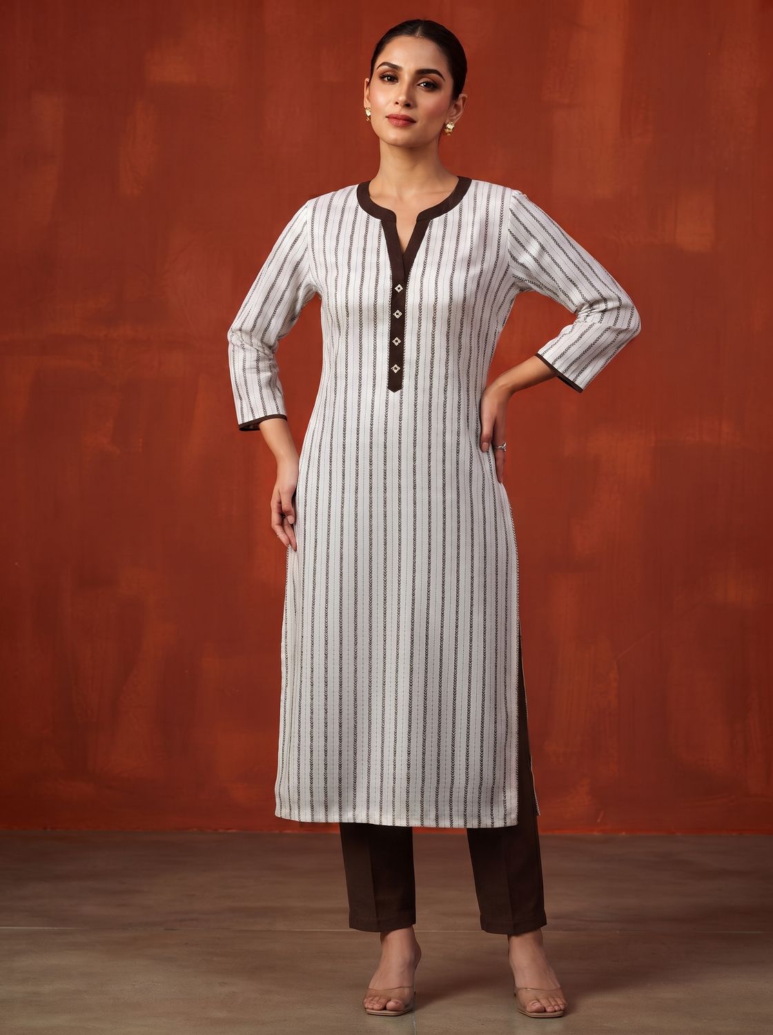 JEEL Kurti &amp; Pant Set - Brown (Collar)