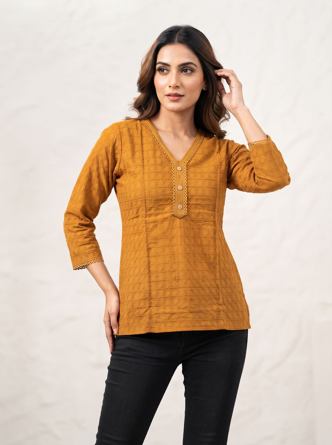 JEEL Short Kurti - Mustard lace