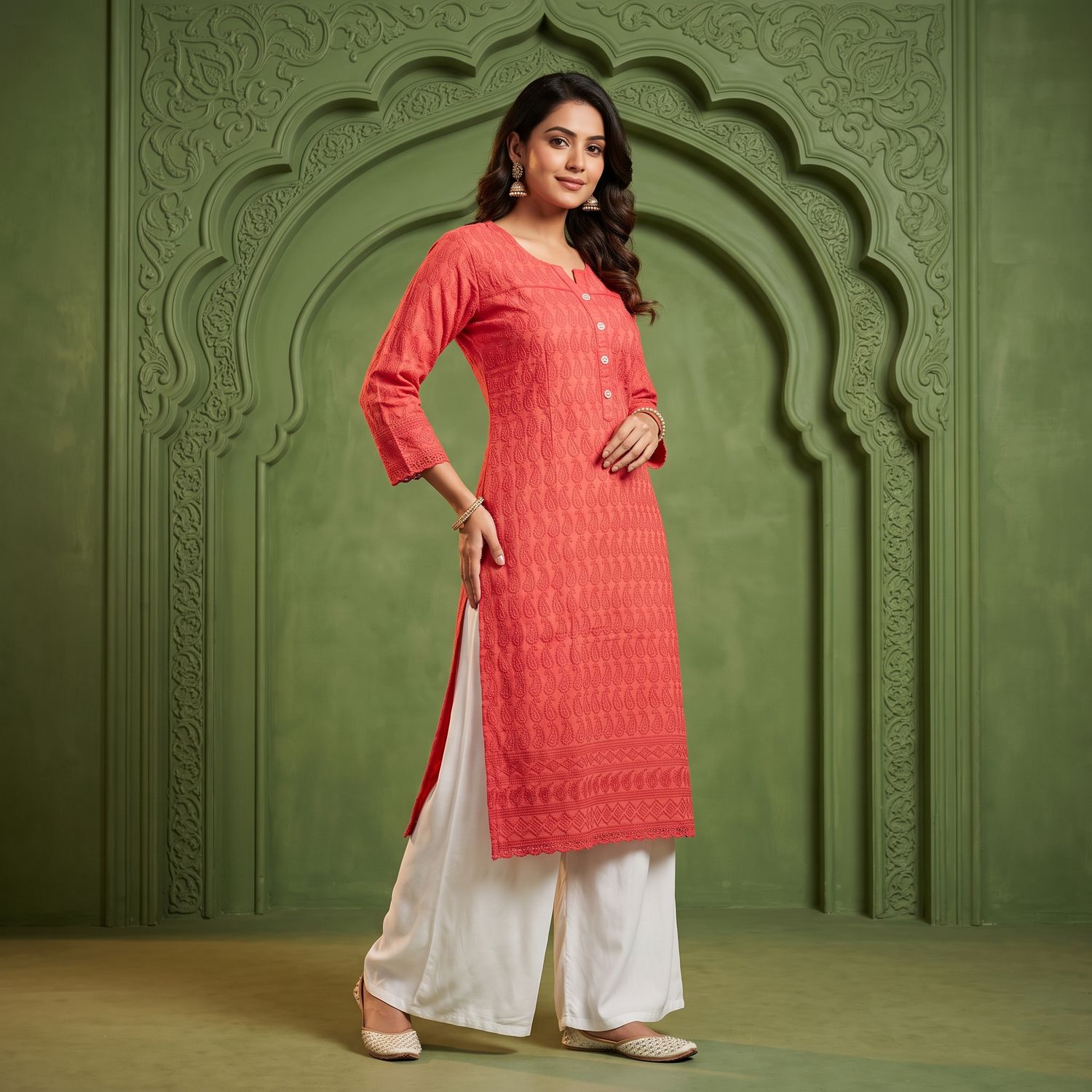 JEEL Chikan Kurti - Tomato Pink