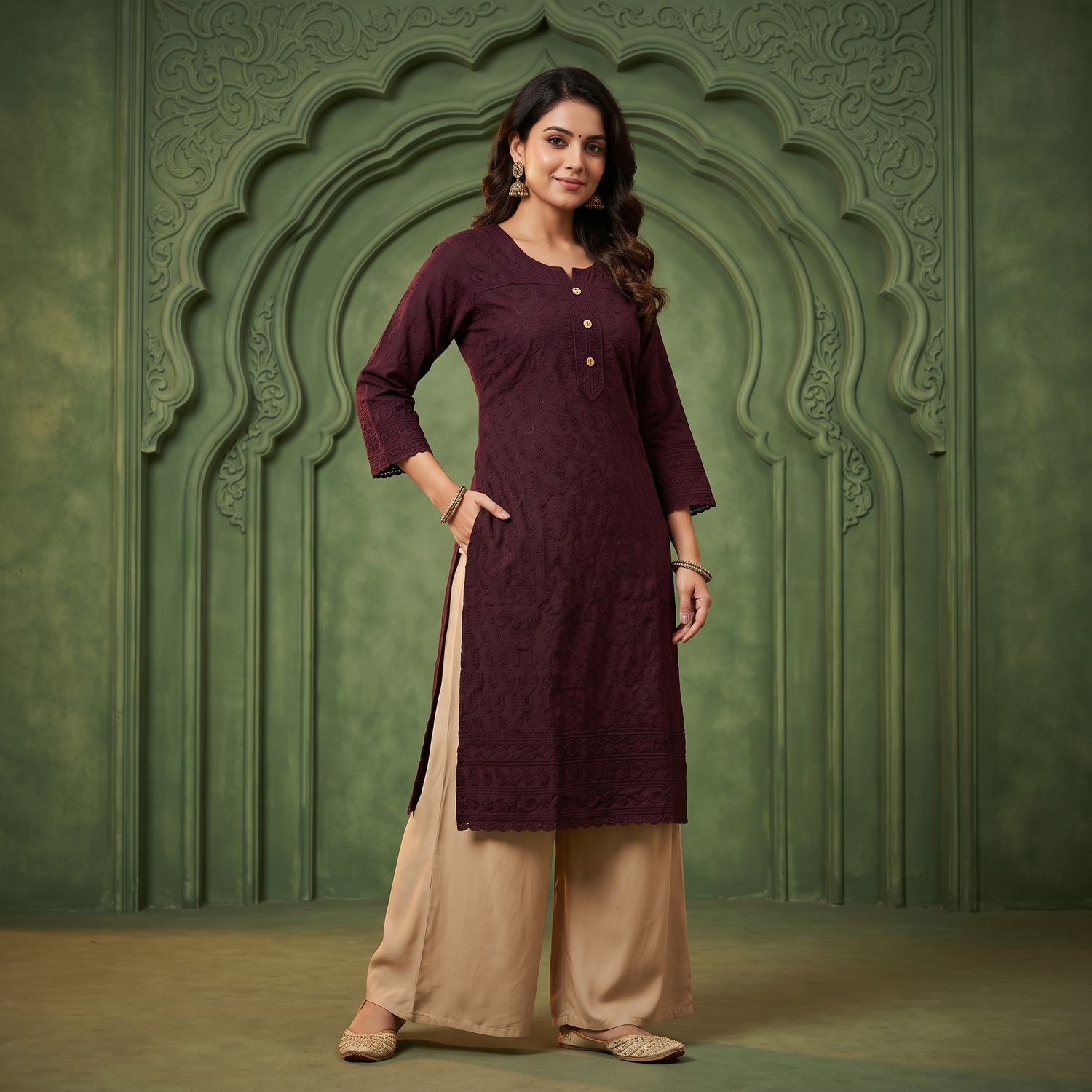 JEEL Chikan Kurti - Wine Purple