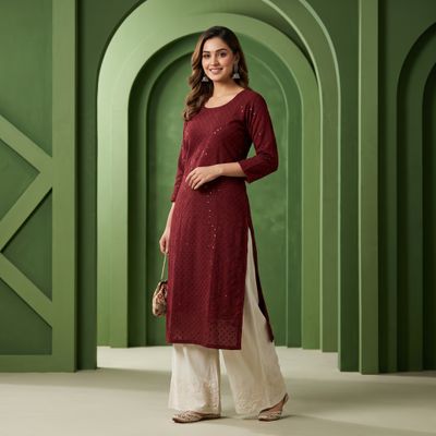 JEEL Chikan Kurti - Maroon (Sequin)