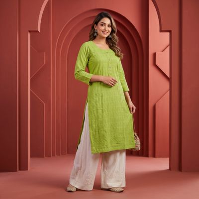 JEEL Chikan Kurti - Lime Green