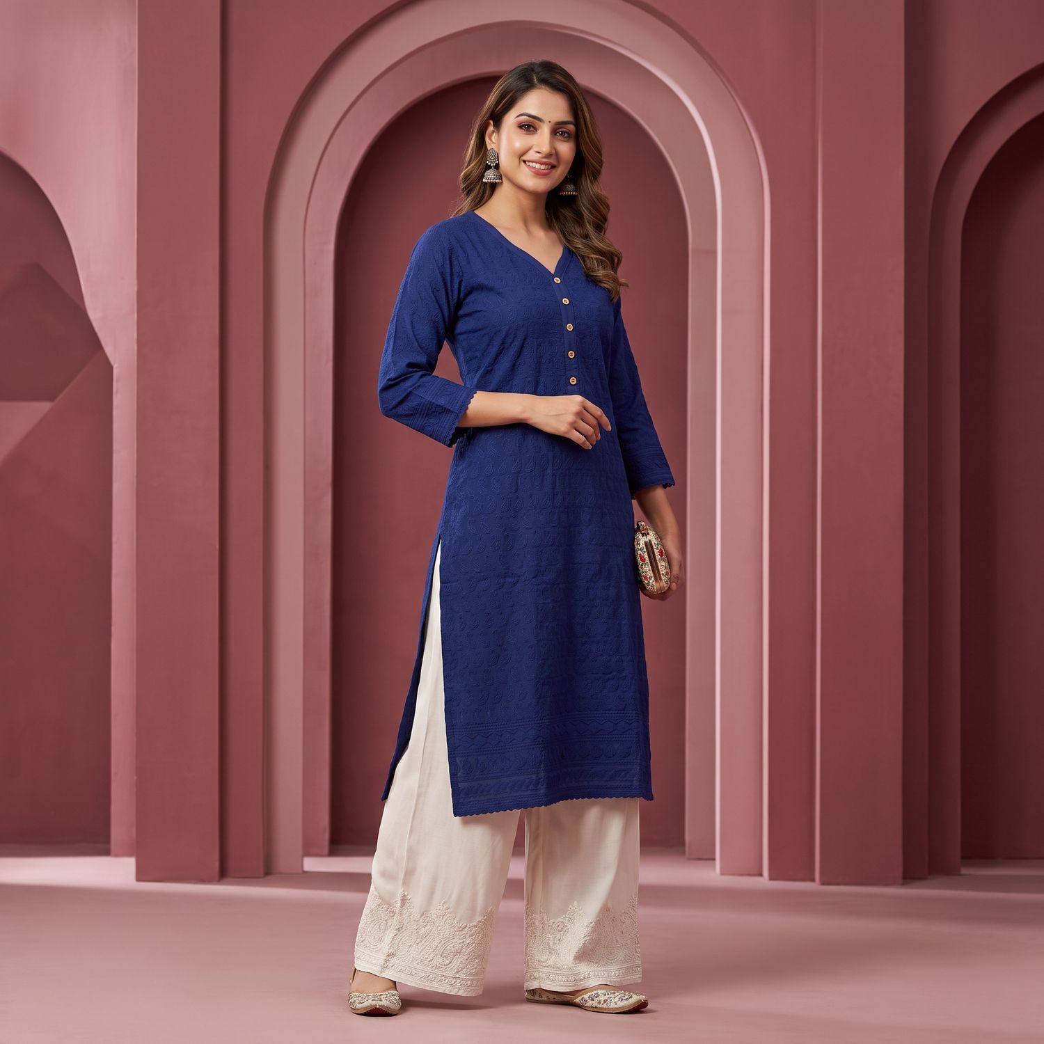 JEEL Chikan Kurti - Navy Blue