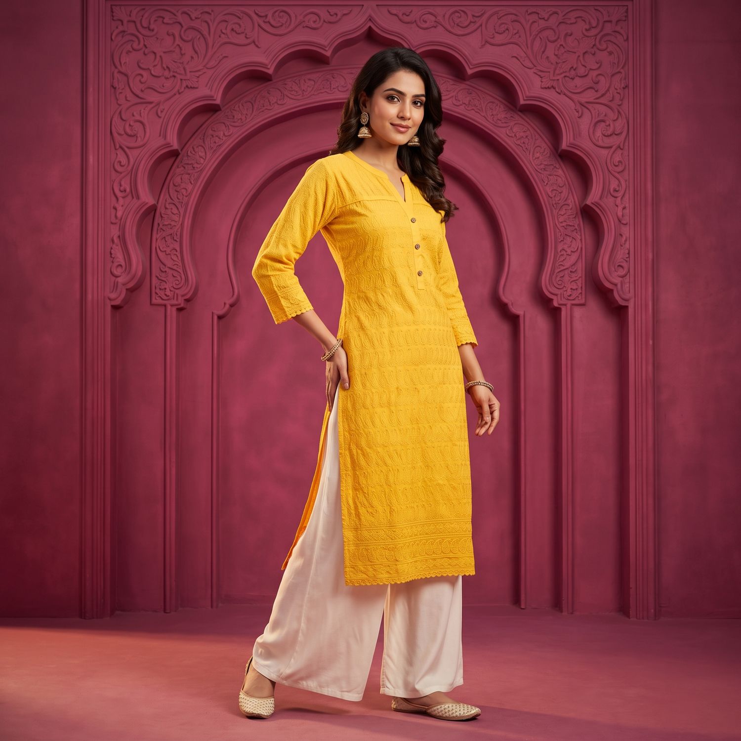 JEEL Chikan Kurti - Yellow