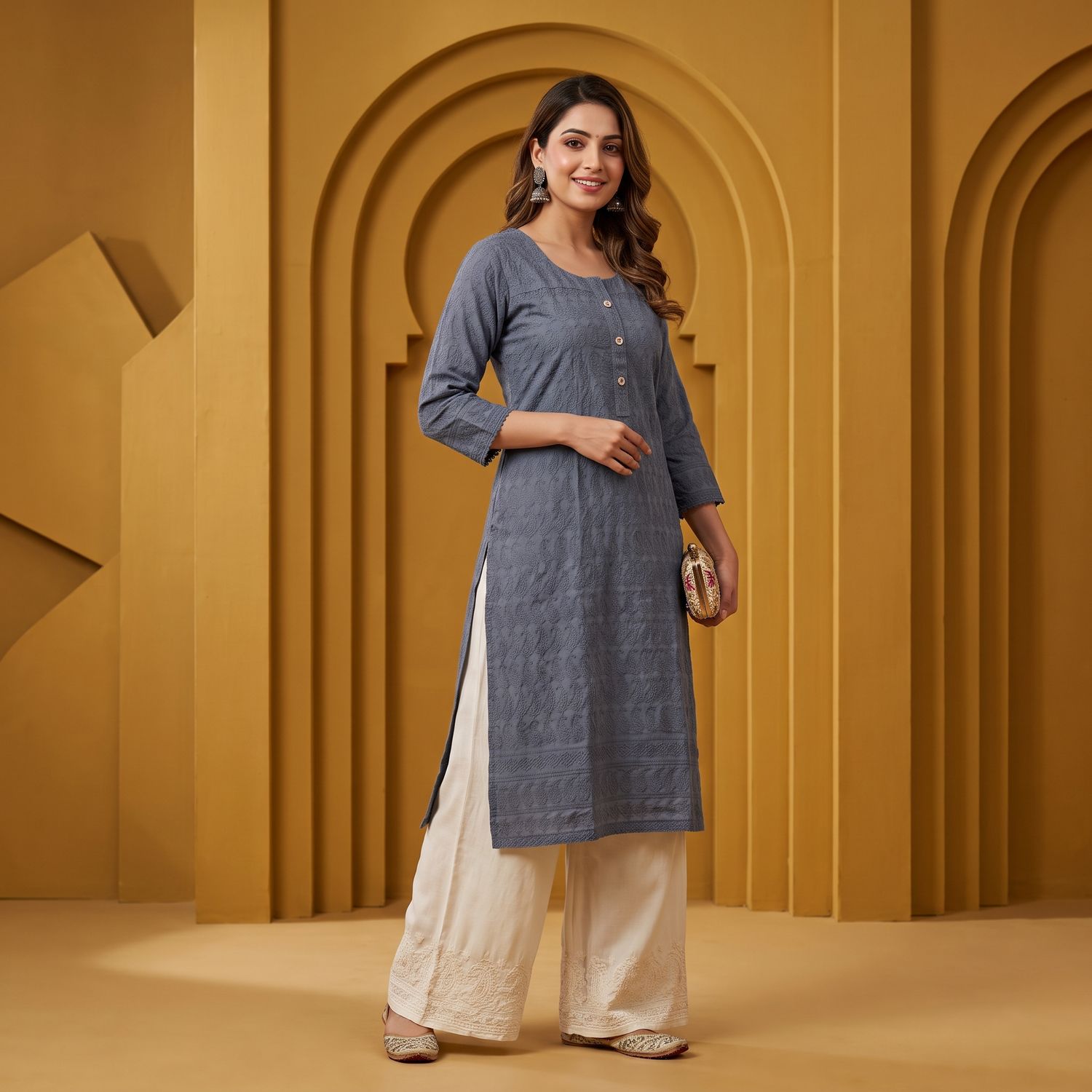 JEEL Chikan Kurti - Dark Grey