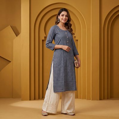 JEEL Chikan Kurti - Dark Grey JEEL Chikan Kurti - Dark Grey