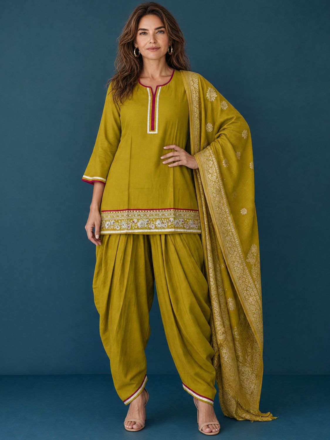 JEEL Punjabi Suit with Dhoti Pants - Olive Green