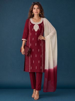 JEEL Punjabi Suit - Maroon (Hand-Loom Work)