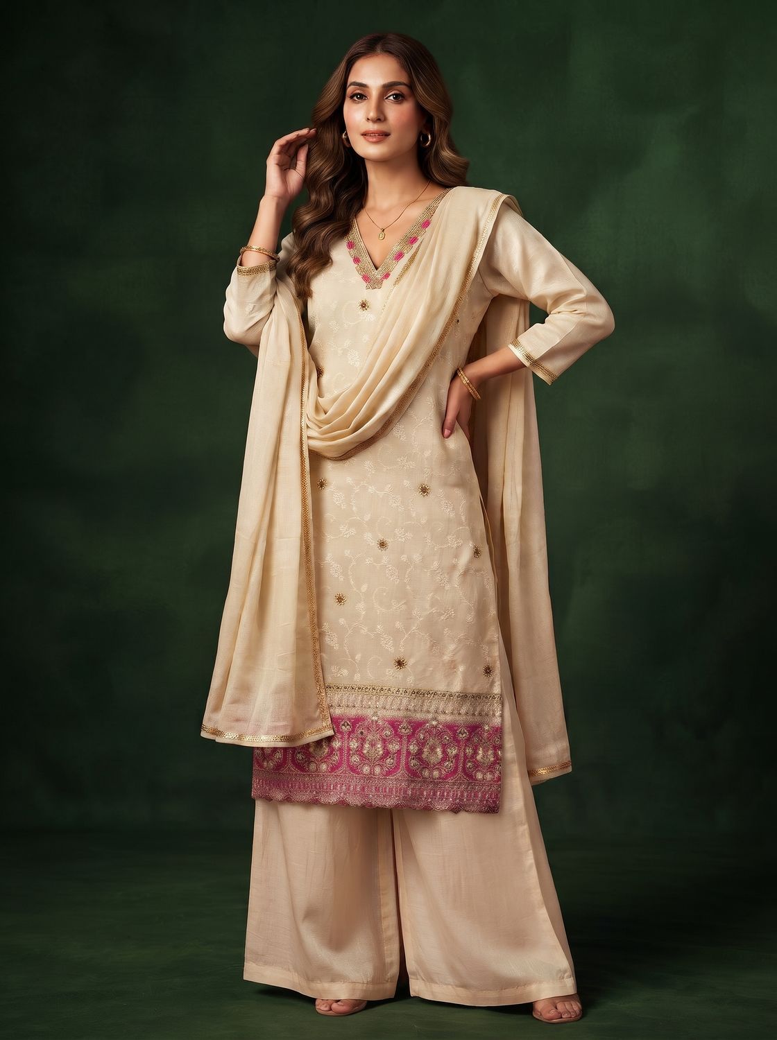 JEEL Punjabi Suit with Palazzo - Beige