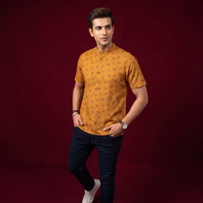 JEEL Gents Kurta - Printed Mustard