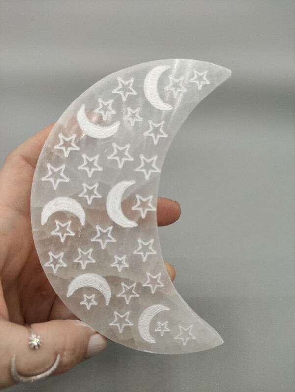 Selenit Mond & Stern Platte, ca.14 cm Selenit Mond & Stern Platte, ca.14 cm