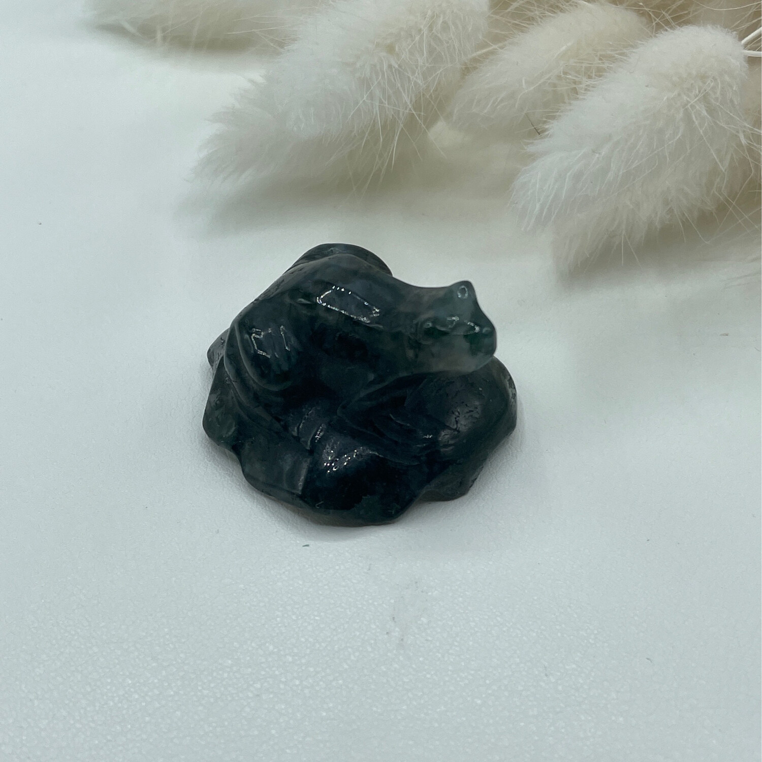 Frosch auf Blatt, Moosachat