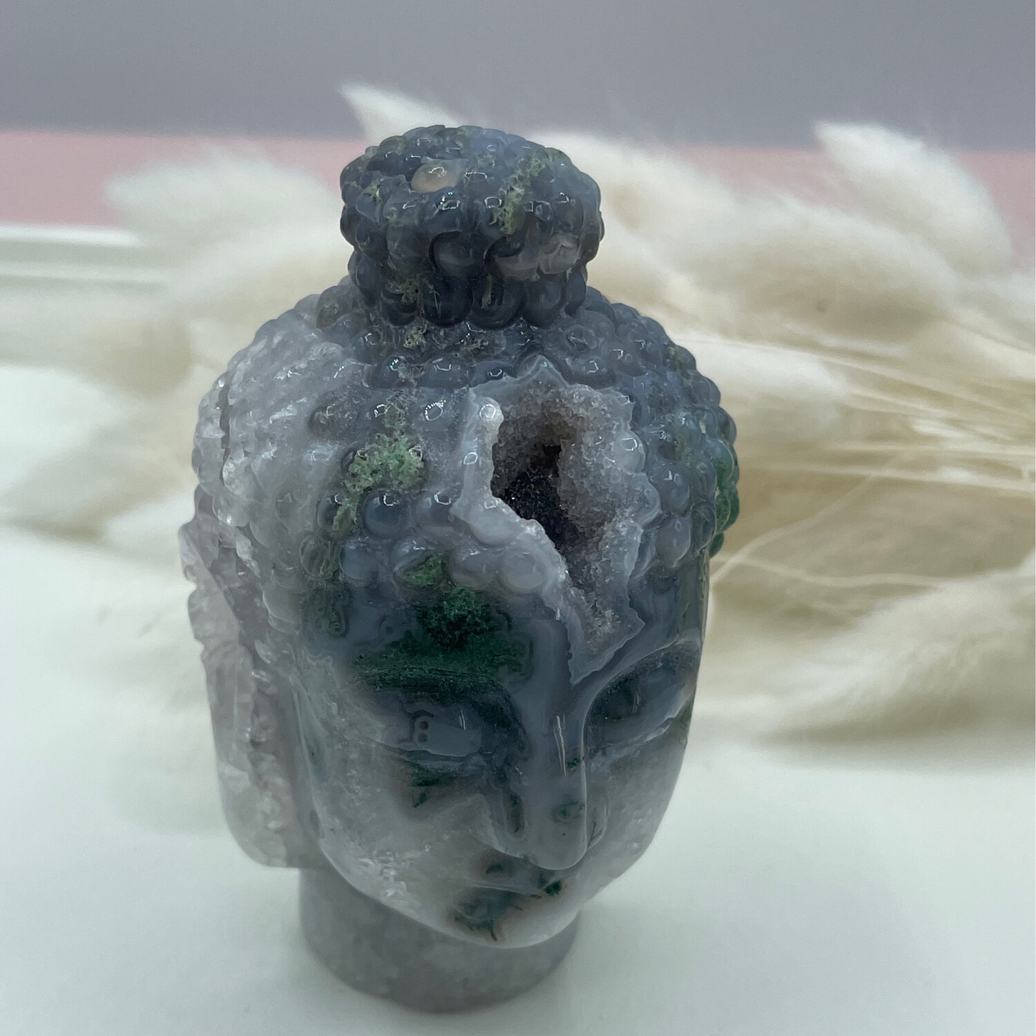 Buddha Kopf, Moos Achat