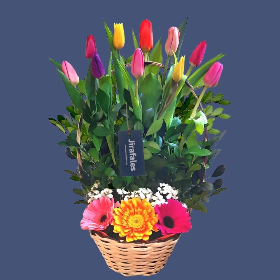 Cesto con 10 tulipanes y flores variadas