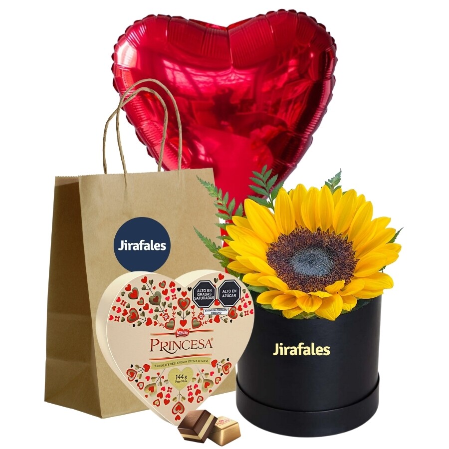 MINIFLOWERBOX DE GIRASOL, PRINCESA y GLOBO