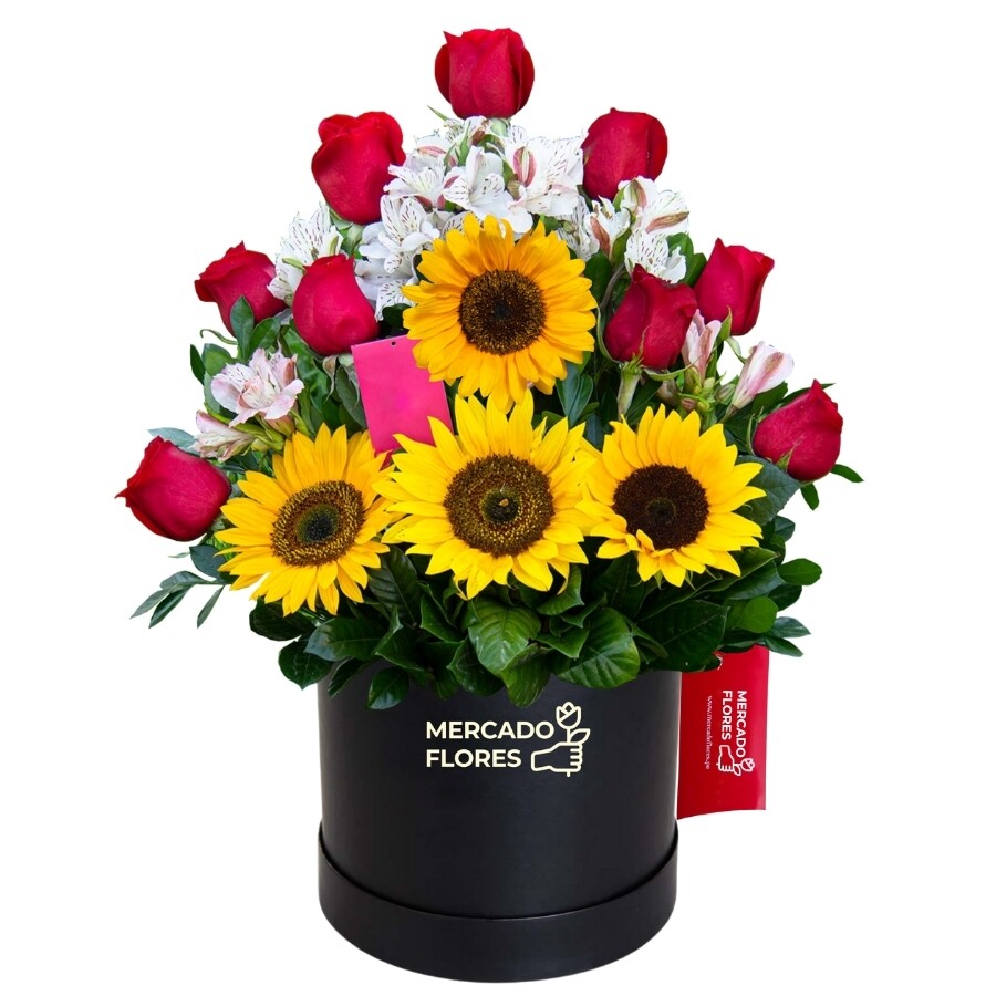 Sombrerera con rosas y girasoles