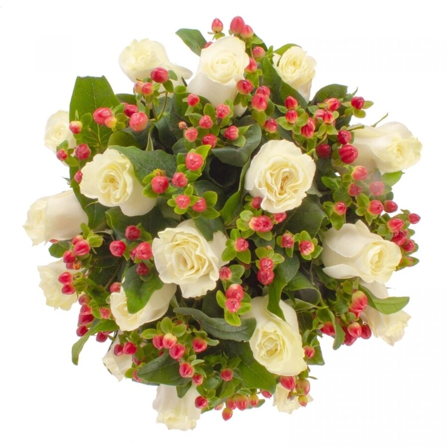 Tú y Yo blanco - Arreglo floral con rosas blancas e hypericum rojo