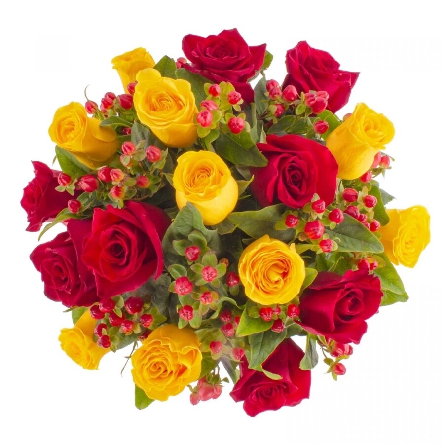 Tú y Yo Mix amarillo/rojo- Arreglo floral con mix de rosas rojas y amarillas e hypericum rojo