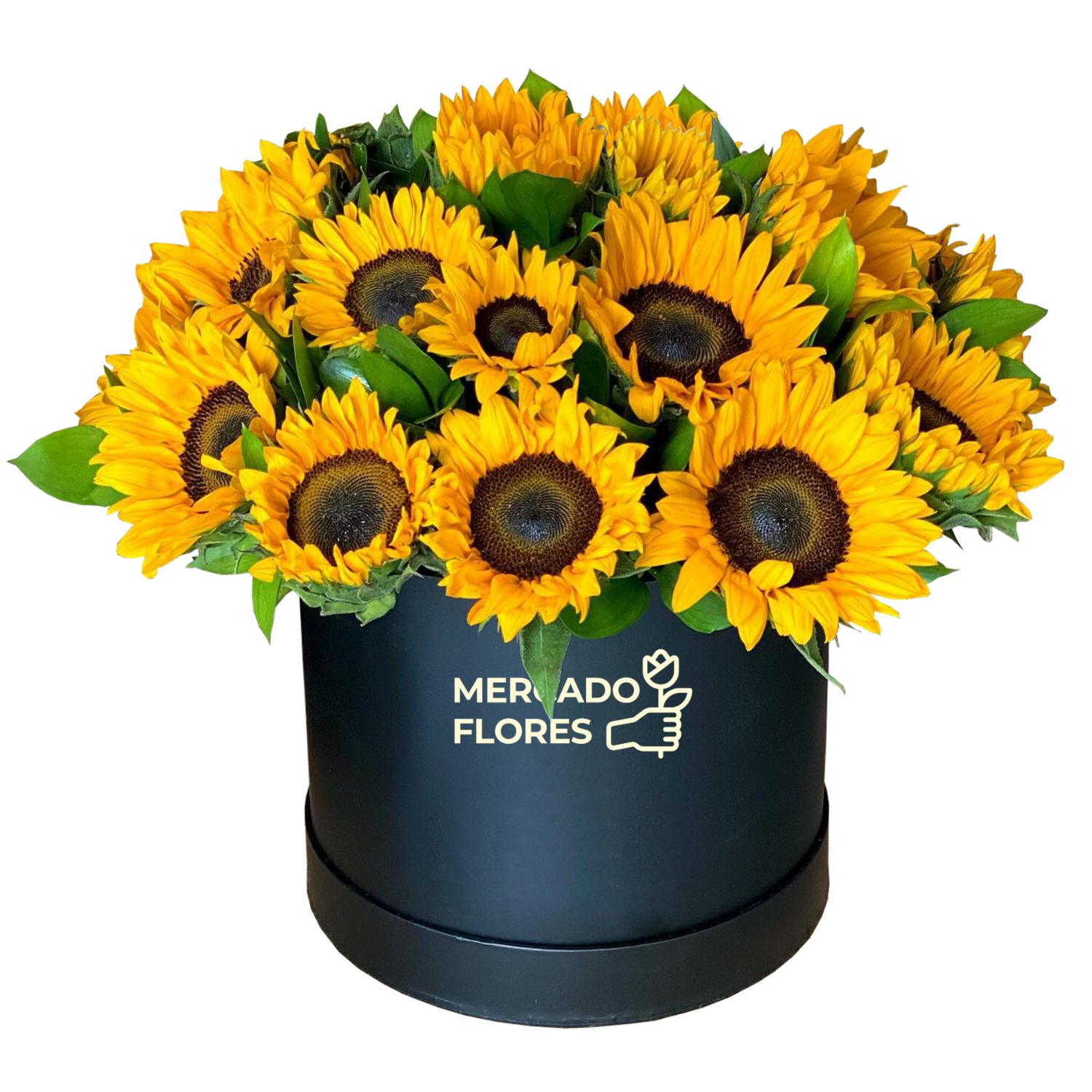 Elegante sombrerera con 20 girasoles y verdes selectos
