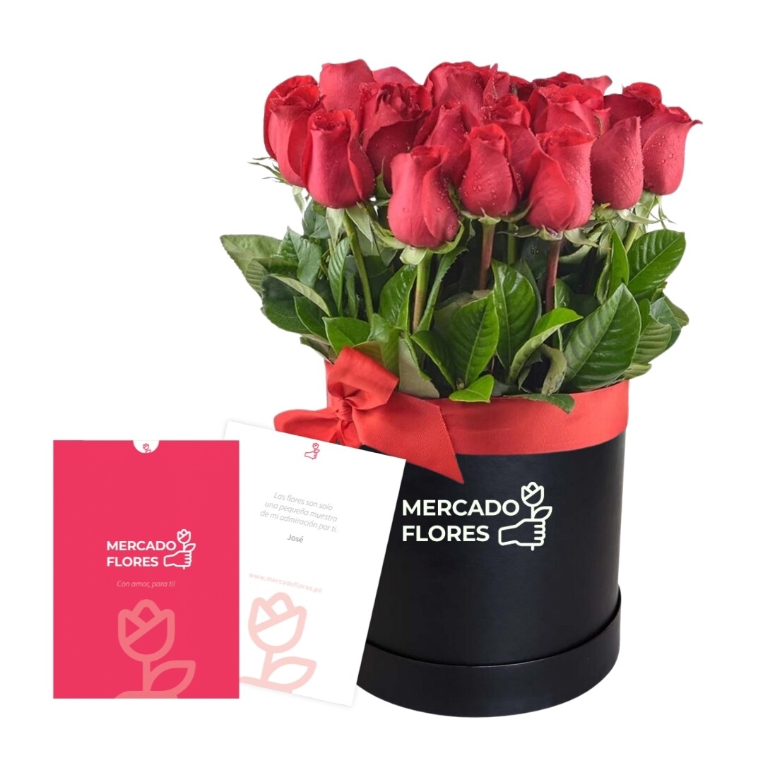 Sombrerera con 18 rosas rojas