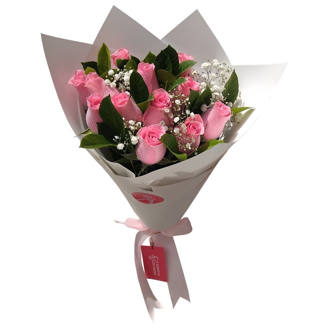 Ramo de 12 rosas rosadas con Gypsophila y verdes selectos