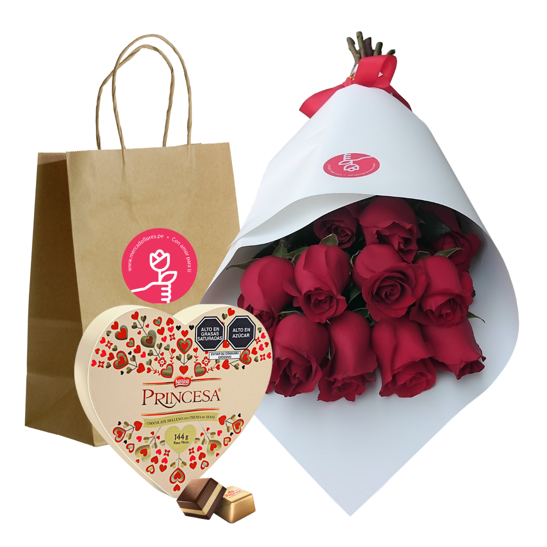 Ramo clásico con 12  rosas frescas y chocolate princesa