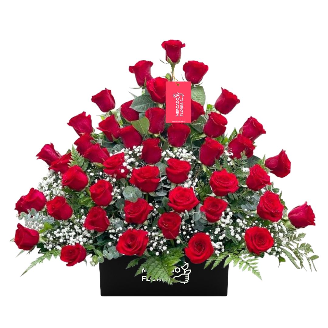 Arreglo para inauguración - Arreglo floral con rosas rojas, Gypsophila y verdes selectos.